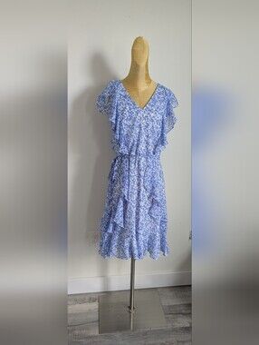 Tommy Hilfiger Light Blue Floral V-Neck Ruffle Midi Dress Size 8